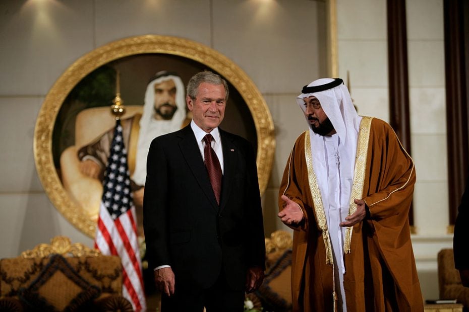US President George W. Bush meets with the Sheikh Khalifa upon Bush's arrival in Abu Dhabi in the UAE. (Photo by Brooks Kraft LLC/Corbis via Getty Images)
