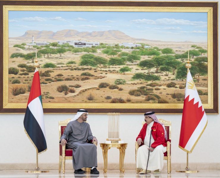 SAKHIR, BAHRAIN - November 10, 2022: HH Sheikh Mohamed bin Zayed Al Nahyan, President of the United Arab Emirates (L), meets with HM King Hamad bin Isa Al Khalifa, King of Bahrain (R) ( Abdulla Al Neyadi / UAE Presidential Court )