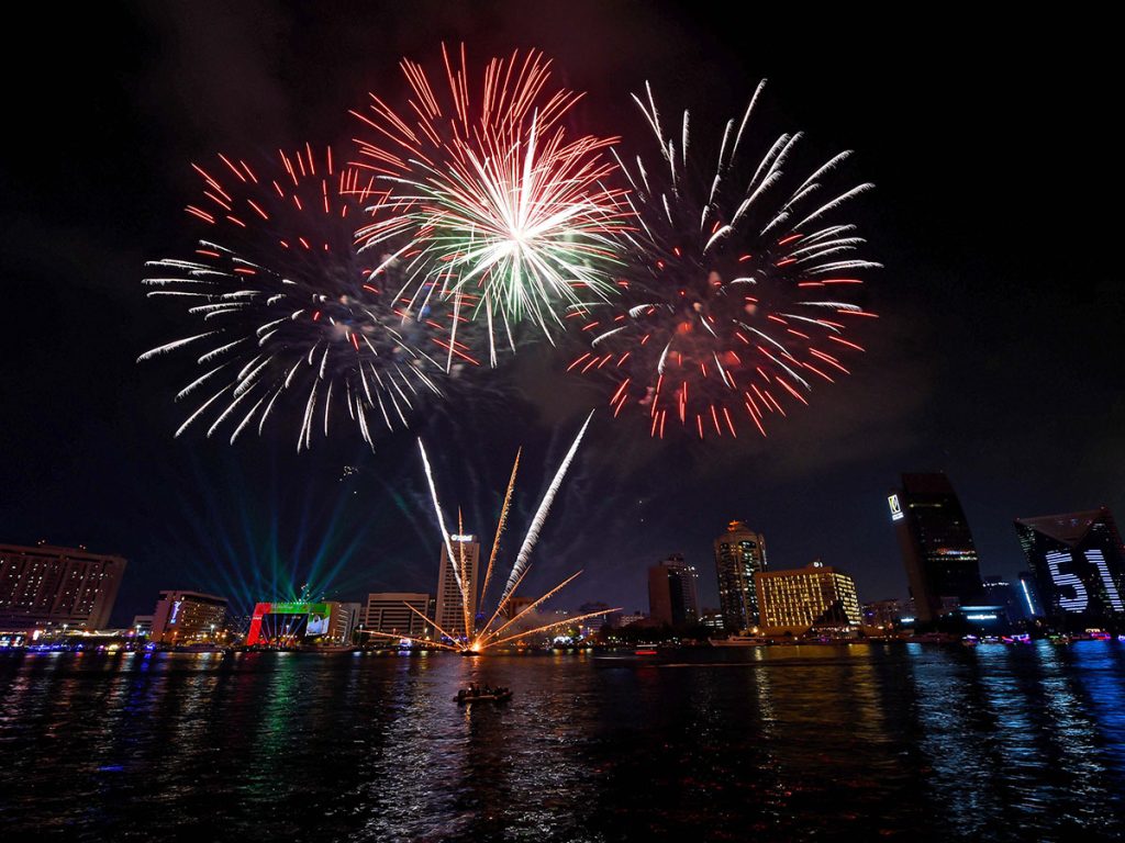 Dazzling fireworks light up the sky at Festival City Mall in Dubai