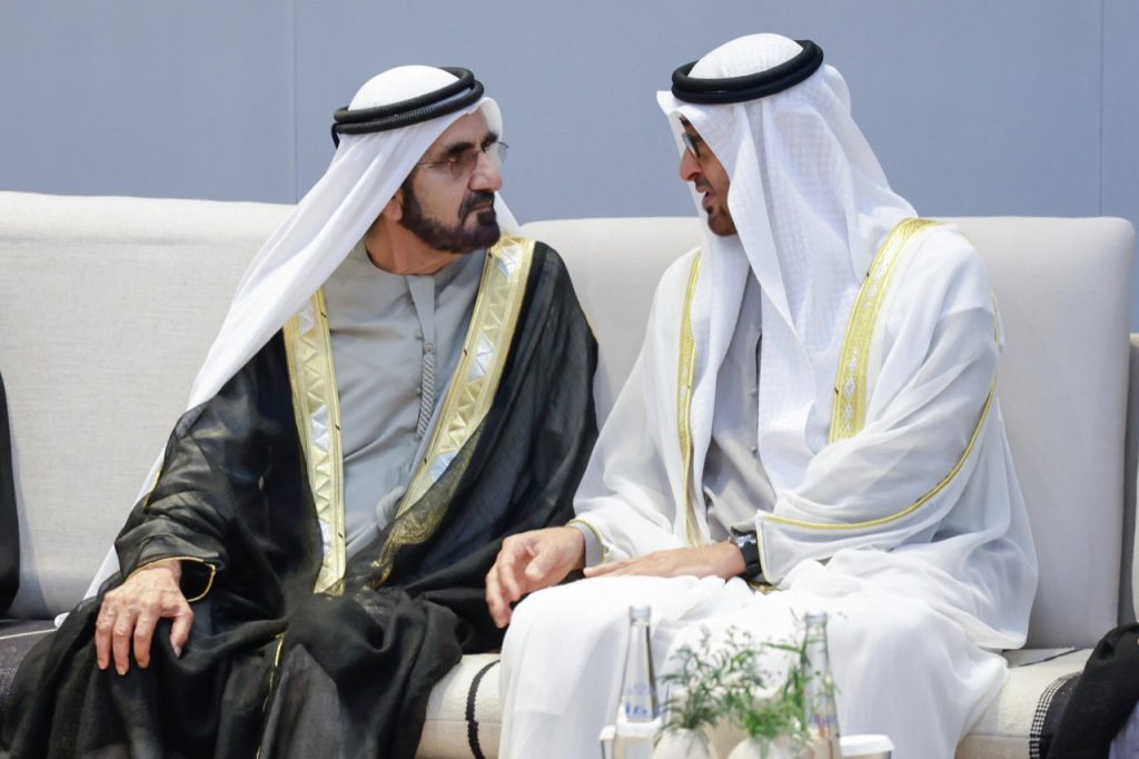 Sheikh Mohammed bin Rashid Al Maktoum, Vice President and Prime Minister of the UAE and Ruler of Dubai and UAE President Sheikh Mohamed bin Zayed Al Nahyan during the official National Day celebration in Abu Dhabi 