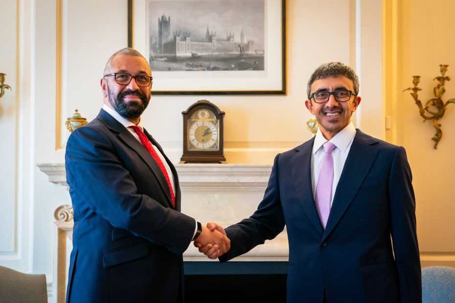 UAE-UK Sheikh Abdullah bin Zayed Al Nahyan and James Cleverly met for a strategic dialogue between the UAE and the UK. Image source: MOFAIC