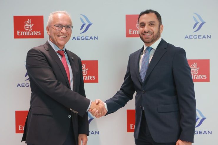 Dimitris Gerogiannis of Aegean and Adnan Kazim Emirates CCO announce codeshare extension Image Emirates