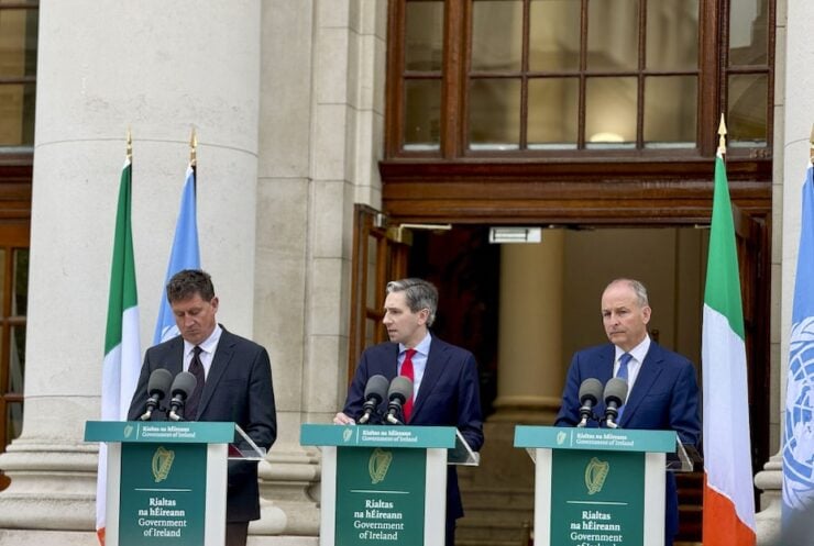 DUBLIN, IRELAND - MAY 22: Three leaders of the coalition government - Irish Prime Minister (Taoiseach) Simon Harris (C), Irish Tanaiste Micheal Martin (R) and Irish Minister for Environment, Climate, Communications and Transport, Eamon Ryan (L) - hold a press conference at Government buildings in Dublin, Ireland on May 22, 2024. Ireland is to formally recognize the state of Palestine, Taoiseach Simon Harris has announced. (Photo by Mostafa Darwish/Anadolu via Getty Images)