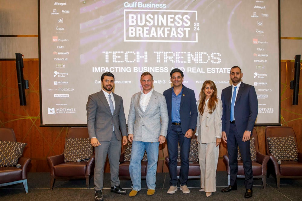 Pictured from left to right: Firas Al Msaddi (CEO & founder of fäm Properties); Alex Zagrebelny (Founder & CEO, R.Evolution Group); Atif Rahman (Founder & Chairman of ORO24 Developments);Fibha Ahmed (Vice President of Property Sales, Bayut & dubizzle) and Louai Abou Khzam (Co-Founder of Prosper Real Estate)