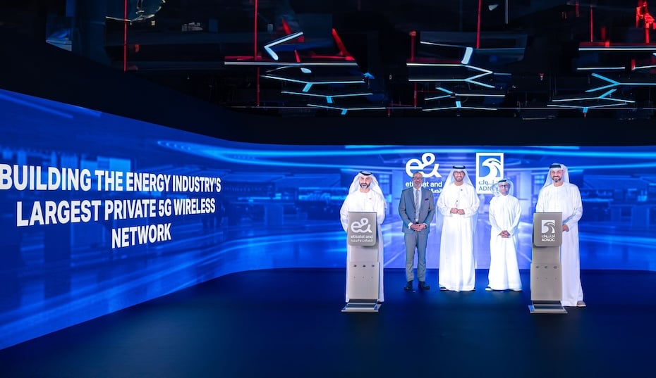 ADNOC and e& 5G Network - L-R - Masood Sharif Mahmood (e&); Hatem Dowidar; H.E. Dr. Sultan Al Jaber; H.E. Jassem Alzaabi; Yaser Almazrouei (ADNOC) - 1