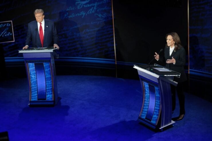 PHILADELPHIA, PENNSYLVANIA - SEPTEMBER 10: Republican presidential nominee, former U.S. President Donald Trump and Democratic presidential nominee, U.S. Vice President Kamala Harris debate for the first time during the presidential election campaign at The National Constitution Center on September 10, 2024 in Philadelphia, Pennsylvania. After earning the Democratic Party nomination following President Joe Biden's decision to leave the race, Harris faced off with Trump in what may be the only debate of the 2024 race for the White House. (Photo by Win McNamee/Getty Images)