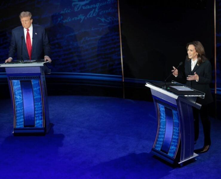 PHILADELPHIA, PENNSYLVANIA - SEPTEMBER 10: Republican presidential nominee, former U.S. President Donald Trump and Democratic presidential nominee, U.S. Vice President Kamala Harris debate for the first time during the presidential election campaign at The National Constitution Center on September 10, 2024 in Philadelphia, Pennsylvania. After earning the Democratic Party nomination following President Joe Biden's decision to leave the race, Harris faced off with Trump in what may be the only debate of the 2024 race for the White House. (Photo by Win McNamee/Getty Images)