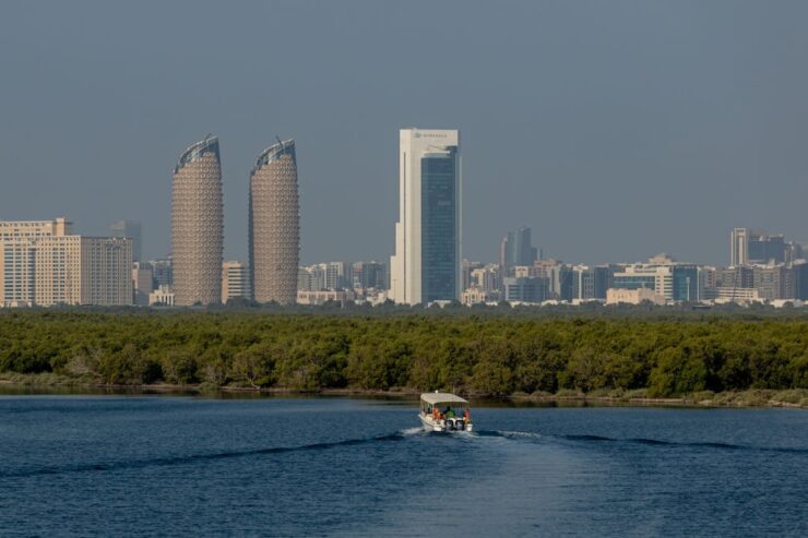 The Mubadala Investment headquarters building (centre) in Abu Dhabi, United Arab Emirates.