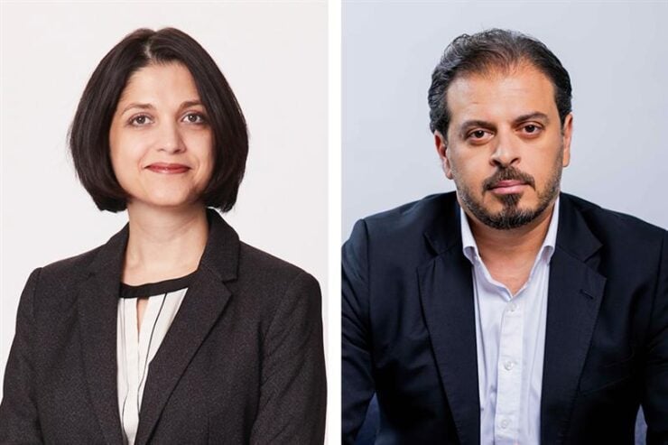 Françoise Russo (left), chief digital and technology officer at Aramex, and Amjad Al Sabbah, group VP for the Middle East and Africa at Sprinklr (right)