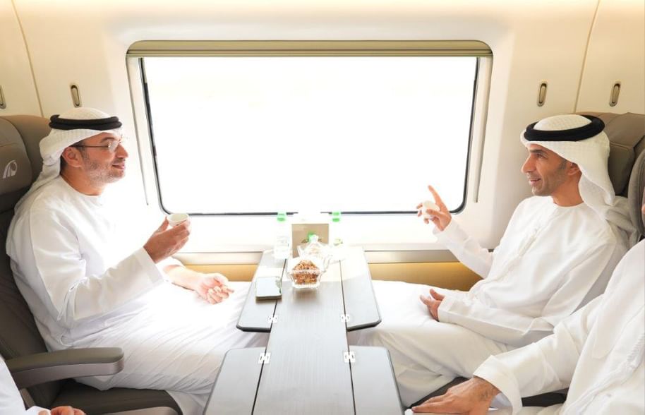 Etihad Rail CEO Shadi Malak and UAE Minister of Foreign Trade Dr Thani bin Ahmed Al Zeyoudi on a test trip on Wednesday, 8 October, 2025. (Image: WAM)