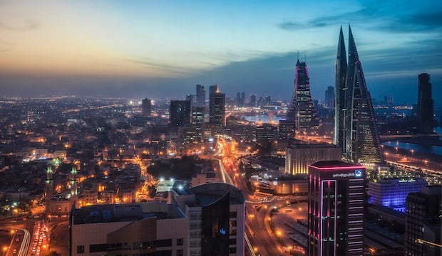 Bahrain, Manama, Cityscape view of Bahrain World Trade Center and Bahrain Financial Harbor